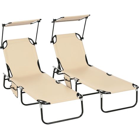 Outsunny 2 Piece Folding Sun Loungers with Canopy, Adjustable Recliner Garden Chairs with Side Pocket, Steel Frame and Breathable Mesh for Outdoor, Pool, Beach, Garden, Tan Brown