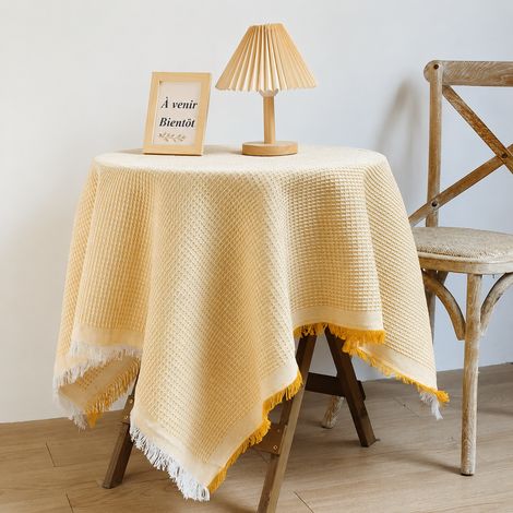 Nappe de Table Coton et Lin Tissage Uni Jaune 130x230 cm avec Pompons Inclus Déco Salon Salle à Manger 30 × 30 × 30 cm 1 kg – Livraison gratuite