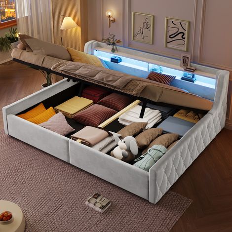 Lit plateforme en velours 140x200 avec LED, lit coffre avec rangement hydraulique, canapé-lit 2 personnes avec sommier, beige (1/5)