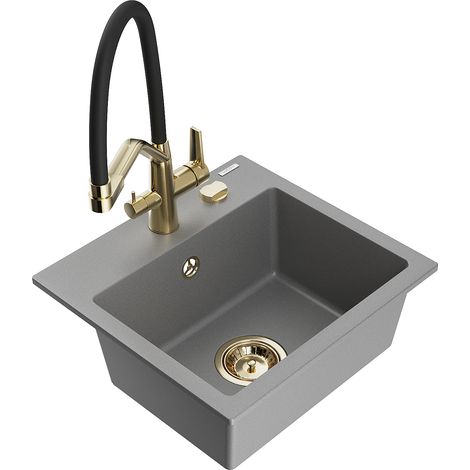 Mexen Milo fregadero de granito de 1 seno con grifo de cocina Duo, gris - 6505-71-671701-57-G