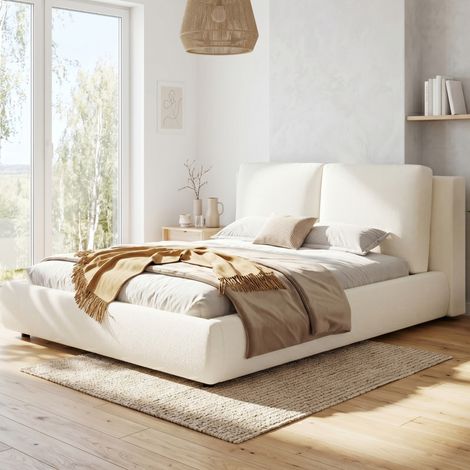 Cama doble tapizada 180x200 cm moderna en bouclé beige con somier de láminas y cabecero ergonómico grueso (1/5)
