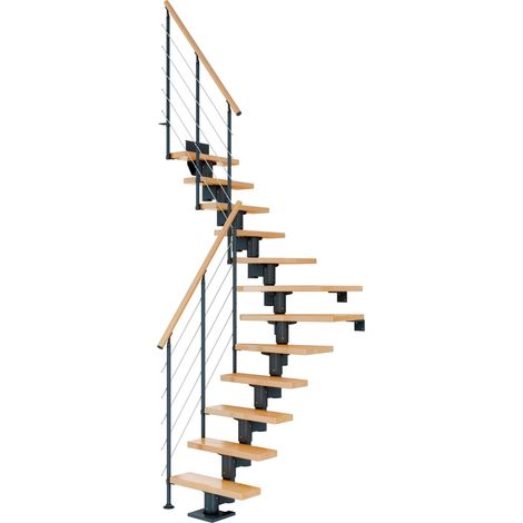 Dolle Mittelholmtreppe Dublin 1/4 gewendelt aus Buche lackiert 71 cm breit für GH 222–270 cm UK Metall Anthrazit mitlaufende Edelstahlstäbe