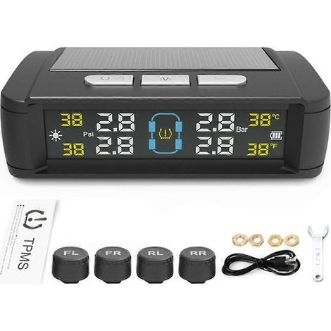 Sistema de monitoreo de presión de neumáticos, sistemas de alarma de seguridad para automóviles, monitor de temperatura de neumáticos con alimentación solar/USB, TPMS para automóviles con 4 sensores. (1/5)