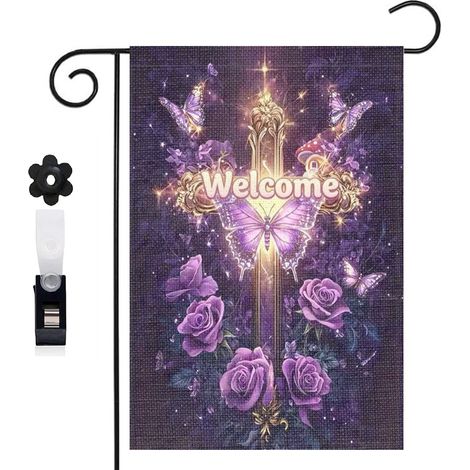 Drapeau de jardin croix dorée et papillon violet 30 x 45 cm décoration extérieure jardin (1/5)
