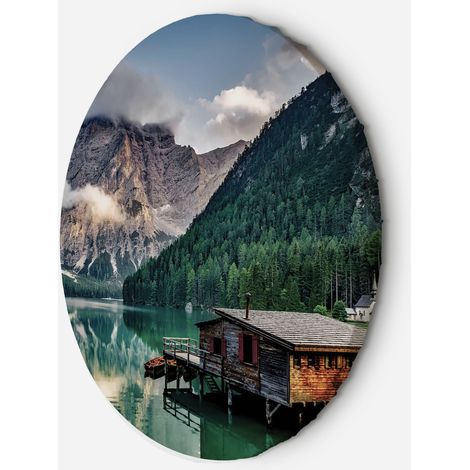 Tableau sur toile Image circulaire Chalet au bord d'un lac dans les montagnes 40x40 (1/5)