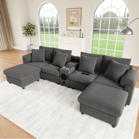 Sofá modular con consola y almacenaje de pana OKMYHOME (1/5)