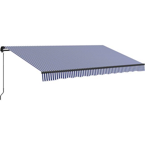 Store banne mural 396 x 300 cm bleu et blanc avec manivelle, structure aluminium et métal (1/4)
