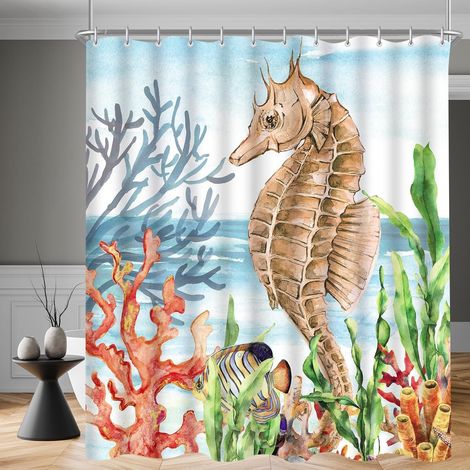 Duschvorhang 180x200 cm Seepferdchen Bemalt H200 x B180 cm (1er Pack) (1/5)