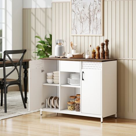 Aparador para Salón con 2 Puertas con Orificios Cajón Compartimentos Abiertos Estantes Ajustables 100x40x80 cm Blanco (1/5)