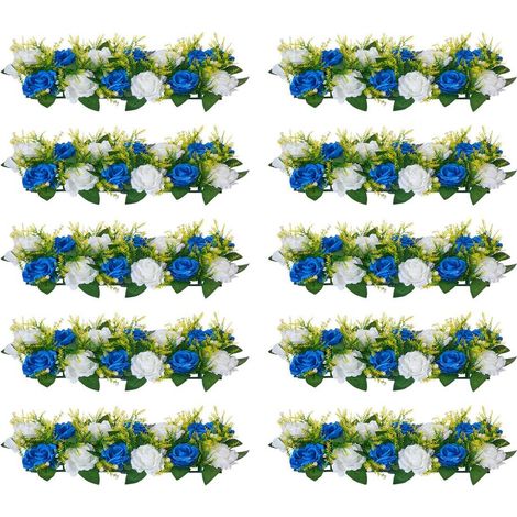 Composition Florale Artificielle Centre de Table Lot de 10 Roses en Soie Décoration Mariage Bleu et Blanc 50x22x12 cm (1/5)