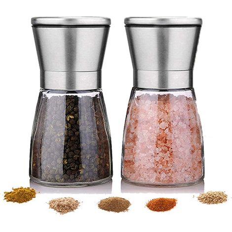 Ensemble moulin à sel et à poivre, moulin à épices en acier inoxydable, 2 broyeurs manuels en céramique réglables avec corps en verre, rechargeables-AquaForge (1/5)