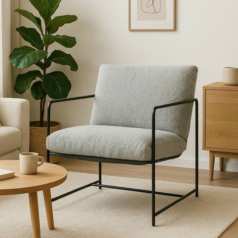 Dmora - Poltrona Appare, Poltrona rivestita in tessuto bouclé, Sedia imbottita, Seduta con braccioli in metallo, 61x67h75 cm, Grigio (1/5)