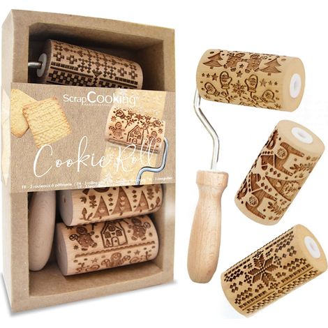 ScrapCooking - Kit 3 Rulli per Biscotti di Natale - 3 mini mattarelli in legno con disegni, stampo decorativo per biscotti e frollini - 3798 (1/5)