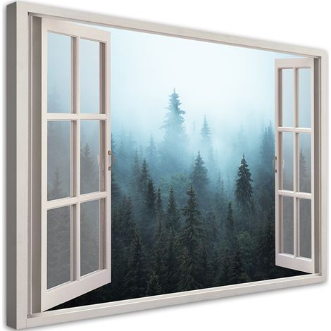 Quadro su tela, Visualizza finestra Foresta nella natura nebbia - 100x70 (1/4)