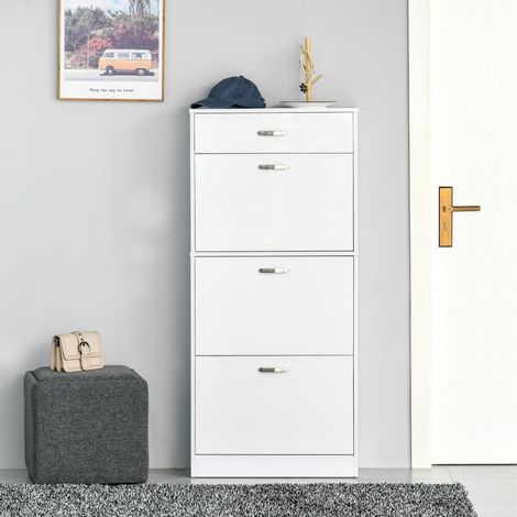 Zapatero con 3 puertas abatibles y cajón deslizante. Dimensiones: 62 cm de ancho x 24 cm de profundidad x 135 cm de alto. Tiradores de aluminio. Tablero de partículas blanco.