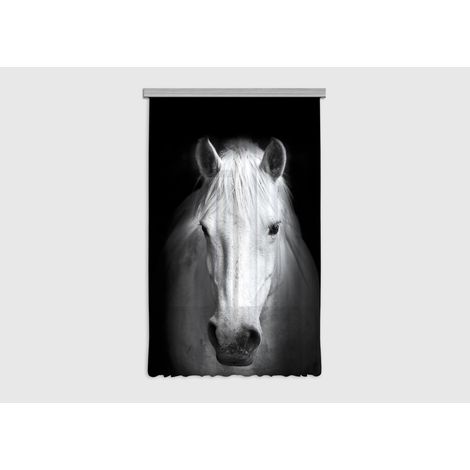 Horse, rideau imprimé cheval blanc de face sur fond noir 140x245 cm, 1 pièce (1/5)