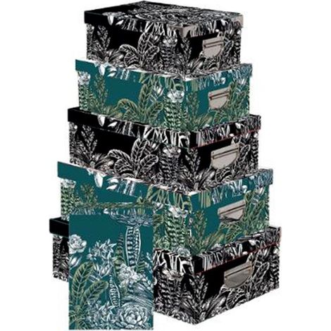 Lot de 6 Boîtes de Rangement Black Floral 48cm Noir & Vert