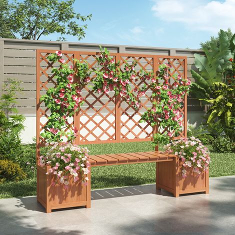 Jardinière avec treillis et siège - bois de sapin massif - bac à fleurs d’extérieur - marron