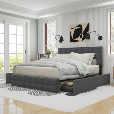 Polsterbett mit 4 Schubladen, Doppelbett mit Lattenrost, Stauraum Bett, höhenverstellbares Kopfteil & quadratisches Nähdesign, Metalllattenstütze, Leinenmaterial (1/5)