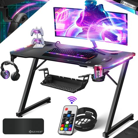 KESSER® Ultimativer Gaming Tisch  Z-Frame Gaming Schreibtisch mit Getränkehalter  Kopfhörer Haken  Computertisch PC Tisch Ergonomischer Gamer Tisch  120 x 60 cm  Schwarz Carbon mit LED