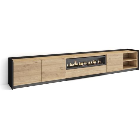 Skraut Home - Mueble TV, Televisión, Muebles de salón, almacenaje, 310x37x50cm, Para TV hasta 80", Chimenea eléctrica, LED, Estilo Moderno, Roble y negro (1/5)