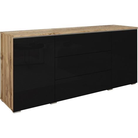 Cómoda Mirfivo 102, Roble wotan + Negro brillante, Con cajones y puertas, Número de cajones: 3, 66x150x40cm (1/5)