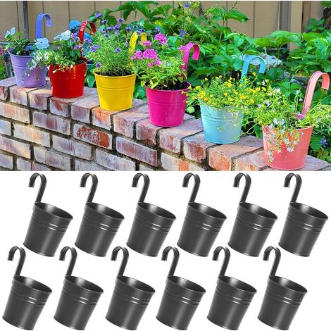 Lot de 12 grands pots suspendus de 10 cm avec trous de drainage, jardinières en métal avec crochet amovible, vases à fleurs pour jardin, intérieur/extérieur, balcon, seau décoratif pour la maison, noi