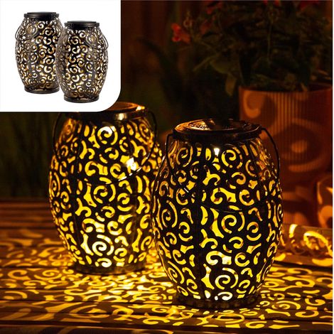 Lanternes Solaires Marocaines - Lot de 2 - Métal Décoratif - Lumière LED Automatique - Jardin Terrasse Balcon - Noir (1/5)