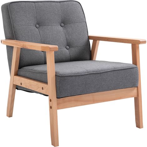 Vintage-Sessel im skandinavischen Stil, weich gepolstert, Knopfheftung mit Paspelierung am Kissenrand, Eichenholz, grauer Leinenbezug. Maximale Belastbarkeit: 120 kg. Maße: 64,5 x 70 x 74 cm