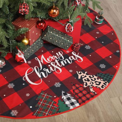 Falda para árbol de Navidad a cuadros Buffalo de 120 cm, tapete para árbol a cuadros rojos y negros, decoración navideña a cuadros Buffalo rojos y negros (1/5)