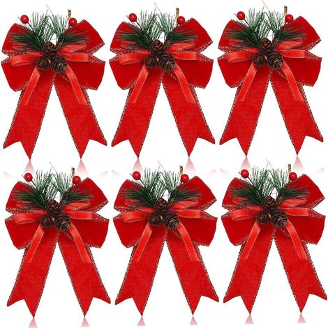 Set mit 6 Weihnachtsschleifen mit Tannenzapfen, Tannennadeln, roten Samt-Weihnachtsschleifen, Baumkranzdekoration für drinnen und draußen, DIY-Dekoration, Bastelarbeiten