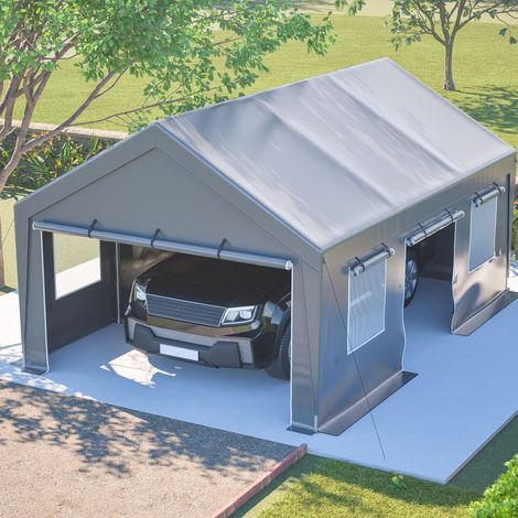 Tenda da garage per auto 6x4x3 m grigio in PE stagno con porte avvolgibili, finestre e protezione UV