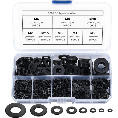 650 Pièces Rondelles Plates en Nylon, Kit Assortiment 7 Tailles (M2 à M10) - Noir