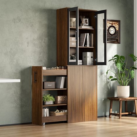 Armoire de niche cuisine 60×30×180 cm, armoire haute étroite avec portes vitrées et chariot de provisions escamotable, étagère de cuisine à 4 niveaux avec roulettes, meuble de rangement mince pour cui (1/5)