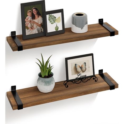 Étagères Murales Rustiques en Bois Foncé pour Salon, Lot de 2, 60 cm (1/5)