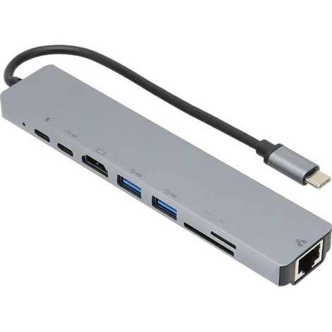Station d'accueil pour ordinateur portable, adaptateur multiport USB-C avec port Ethernet RJ45 et lecteur de cartes SD/TF, sortie HDMI 4K, port USB 3.0 et prise en charge de la charge rapide PD. (1/4)