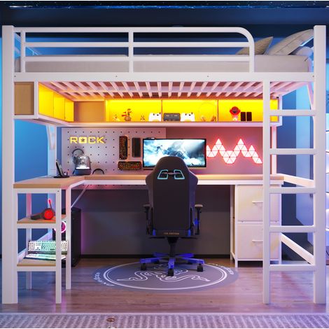Hochbett aus Metall für Gaming (140 x 200 cm) mit Bücherregal, Schreibtisch, Schrank , USB und LED-Beleuchtung,Weiß (1/5)