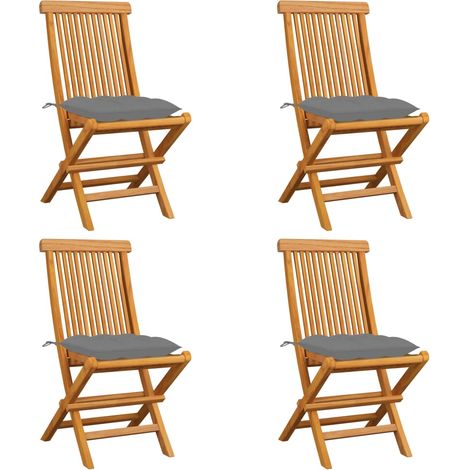 Lot de 4 Chaises de jardin avec coussins gris - Chaise d'extérieur pour terrasse/jardin Bois de teck massif BV340269 - BonneVie (1/5)