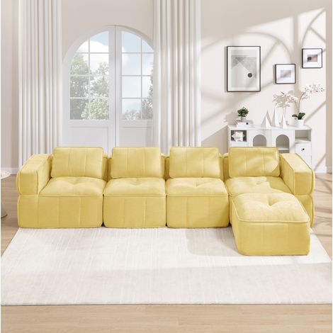 Divano modulare a L 4 posti con ottomana in poliestere e schiuma 32D giallo OKWISH (1/5)