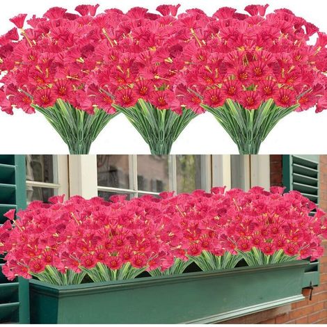Fleurs artificielles, 12 paquets de fleurs artificielles résistantes aux UV, pas de décoloration, faux buissons en plastique, décorations de jardinière pour porche de jardin (rose rouge) (1/5)