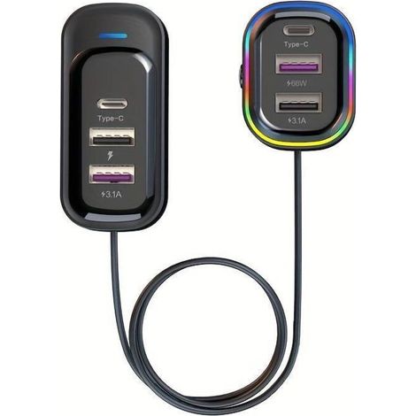 81-W-Schnellladegerät fürs Auto, 6-Port-Verlängerung vorne und hinten, gleichzeitiges Laden, 1 USB-C-Anschluss, 2 USB-Anschlüsse, 150 cm langes Verlängerungskabel mit Clip - Crezuo