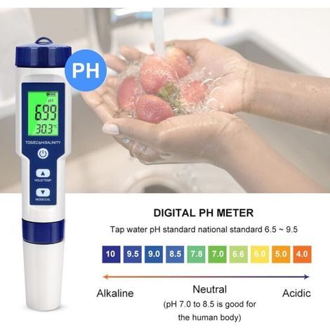 SNQ – Ph-mètre électronique 5 en 1 – Mesure pH, TDS, EC, salinité, température – Rétro-éclairage LCD – Précision 0.01 pour aquariums et spas (1/4)