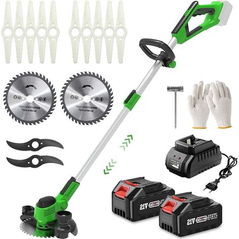 Cordless Edge Trimmer with Battery, 21 V Battery Edge Cutter with 3 Types of Blades and 2 Batteries 3.0 Ah, Battery Powered Brushcutter for Mowing Lawns Garden Lawn Farm (Green) (1/5)