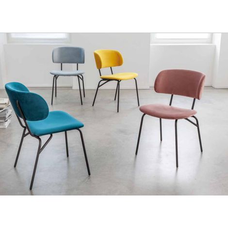 Lot de 2 chaises LEONA en velours anti-tache et métal noir-Bleu canard (1/4)