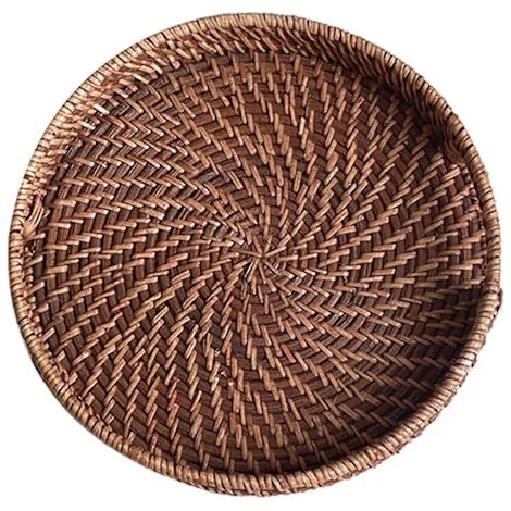 Plateau rond en osier tressé à la main, 28 cm (11 pouces), couleur marron, forme ronde, panier décoratif pour fruits, pains et collations, pour usage domestique.-AquaForge (1/5)