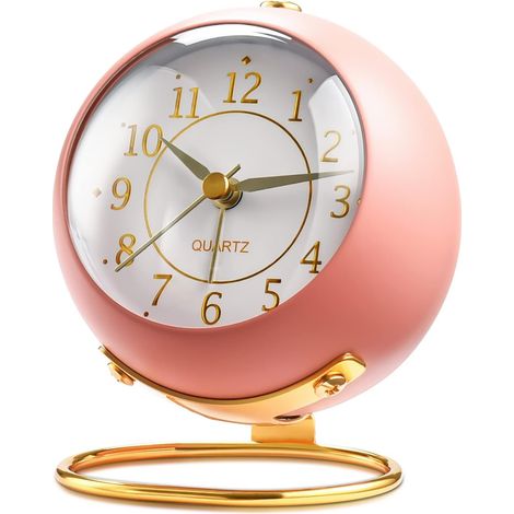 Analoger Wecker fürs Schlafzimmer, kleine Tischuhr, Nachtlicht, kein Ticken, batteriebetrieben, geräuschloser Wecker für Kinder, Tischwecker mit schlichtem Design. (Rosa)
