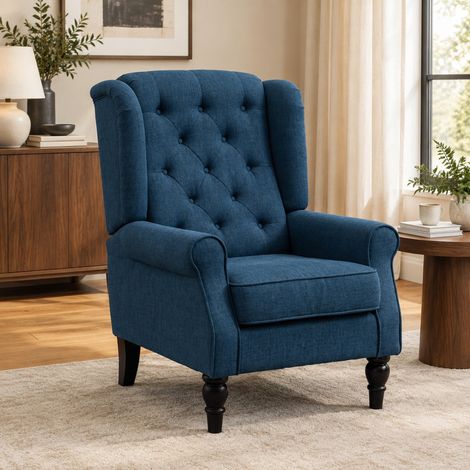 Fauteuil oreille bleu en polyester, dossier haut, pieds en bois DESVIAE (1/5)