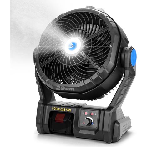 4500U/min Ventilateur de Camping Brumisateur 2 en 1 Batterie/Secteur Débit 600 CFM Compatible batterie Makita 18V avec Lumière LED Bac d’eau de 80 ml Pose ou Suspension pour Voyages Plage Camping Chan (1/5)