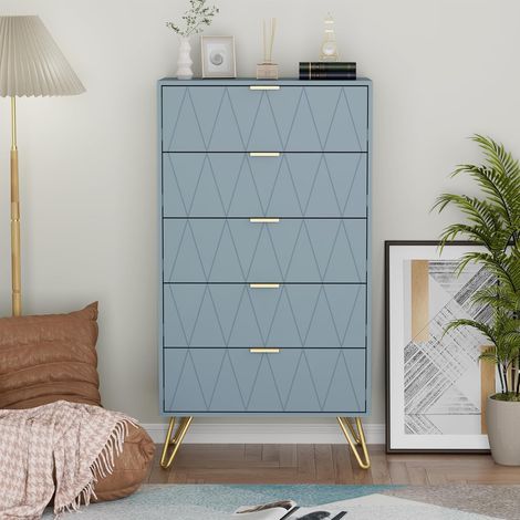 UEV Cassettiera a 5 Cassetti con Motivo a Linea, Cassettiera Stretta Salvaspazio da Portaoggetti, Settimino per Soggiorno Corridoio, Comò con Maniglie e Gambe Dorate, 60x34x110cm, Grigio Bluastro