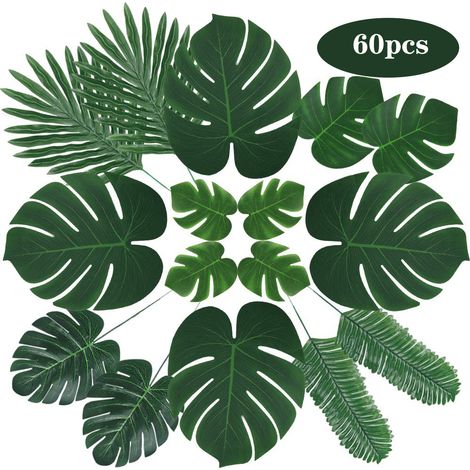 60 feuilles de palmier artificielles 6 types avec tiges, Plante (1/5)